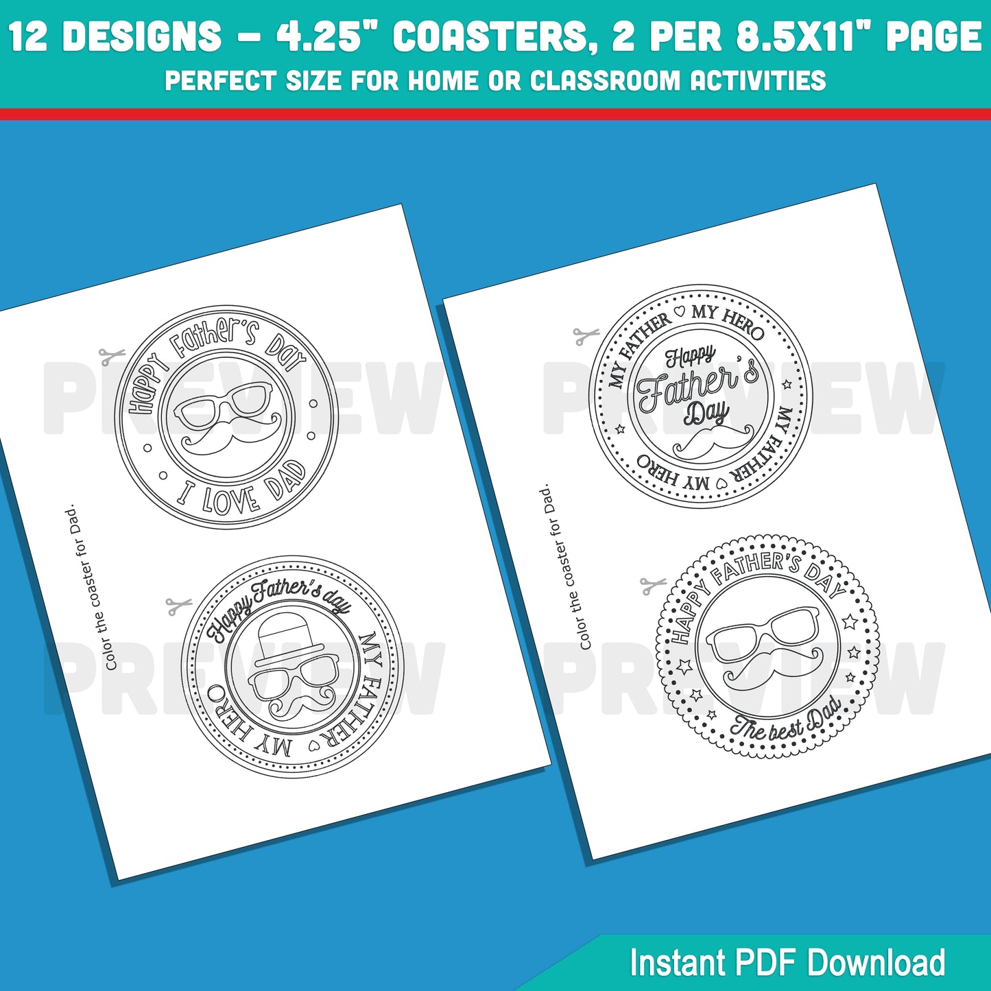 Father’s Day Circle Coasters to Color – 12 Kid-Friendly Designs, Great Printable Gift for Dad, 2 per Page, Fun Home or Classroom Craft