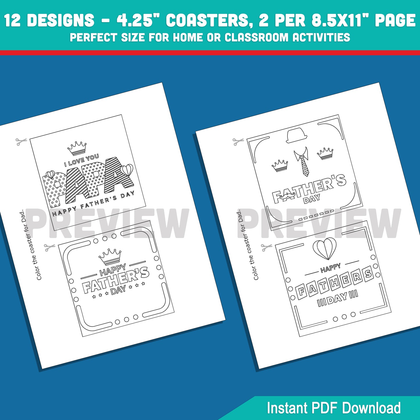Father’s Day Coloring Tile Coasters – Printable Craft for Kids, 12 Designs, Perfect Gift for Dad, 2 Coasters per Page, Instant PDF Download