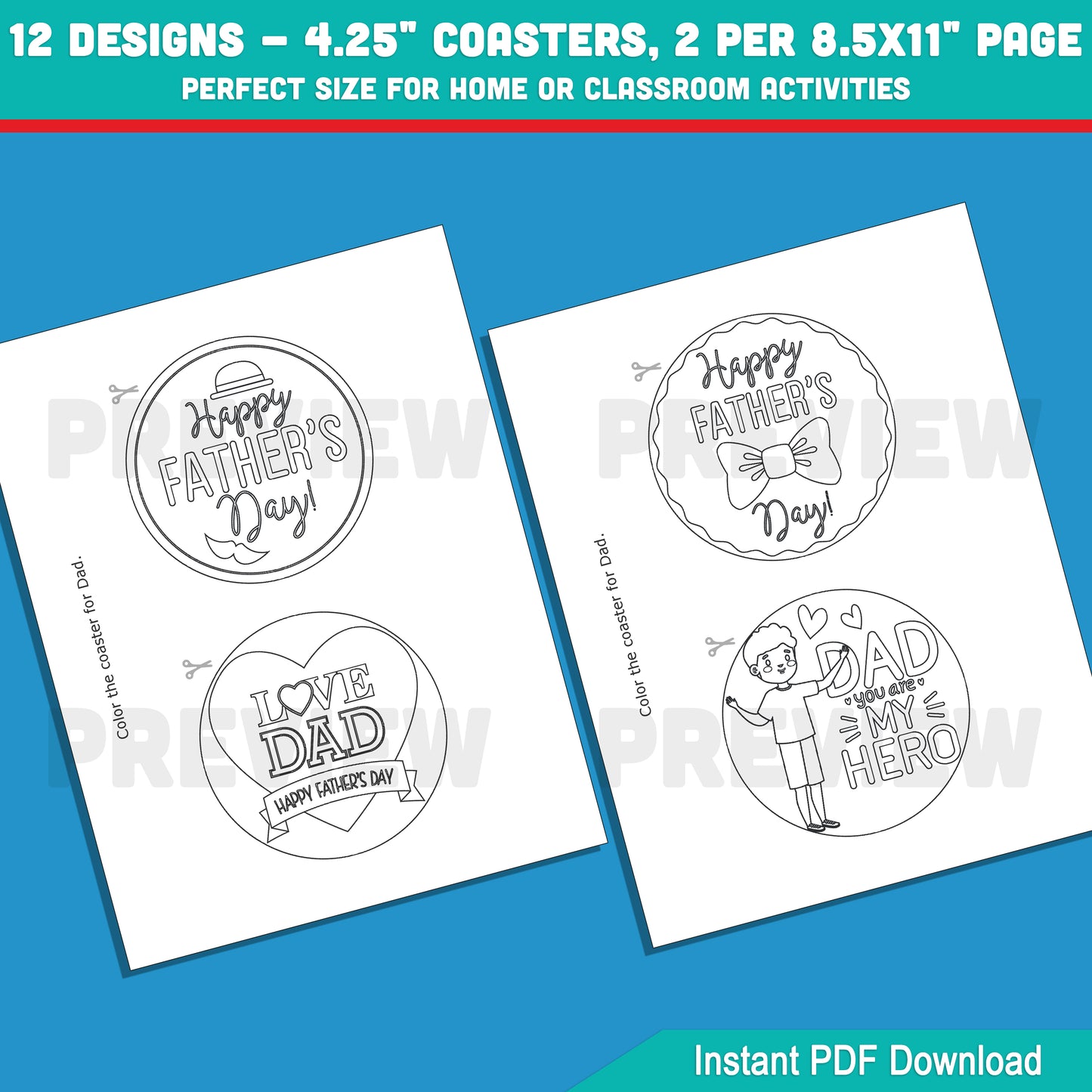 Father’s Day Circle Coasters to Color – 12 Kid-Friendly Designs, Great Printable Gift for Dad, 2 per Page, Fun Home or Classroom Craft