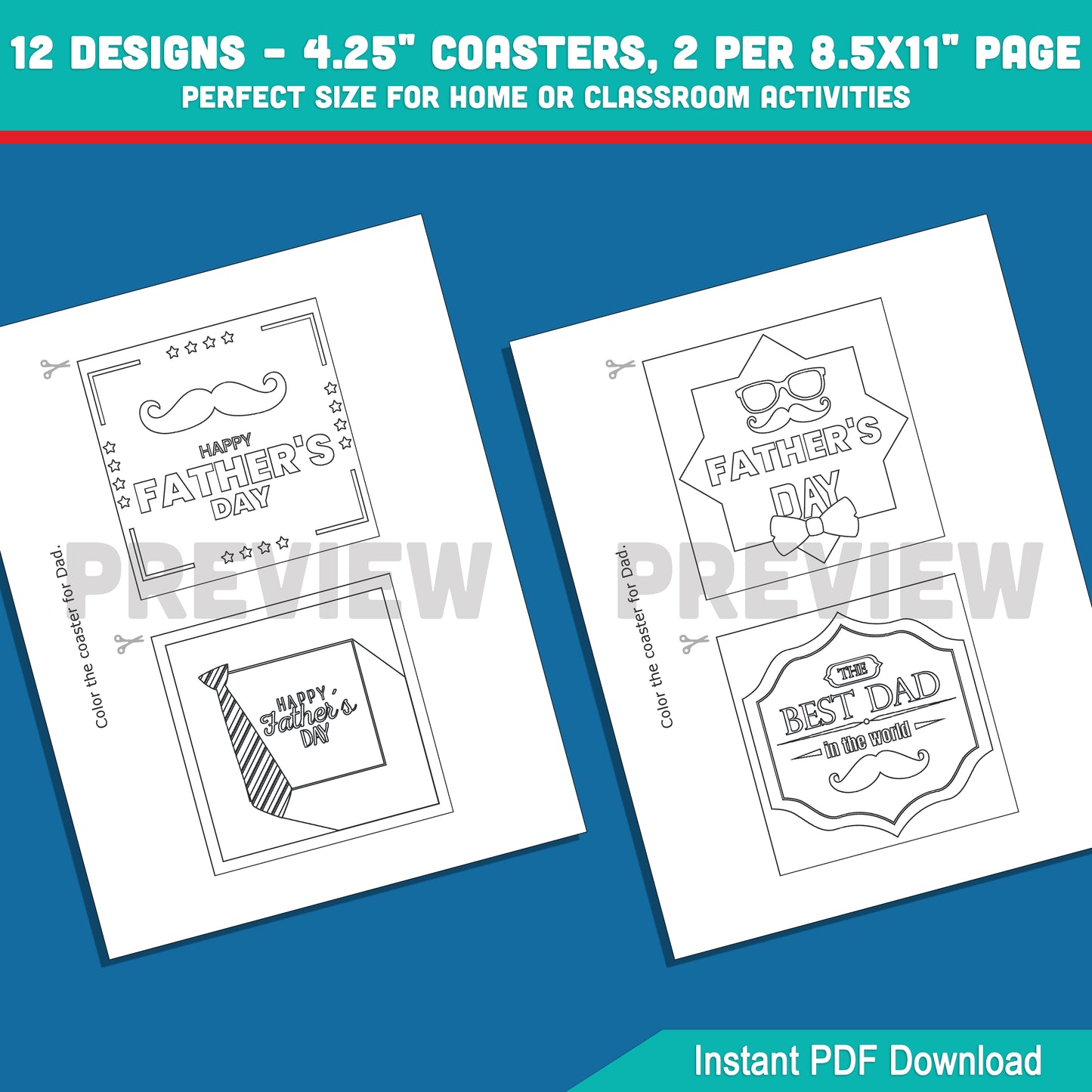 Father’s Day Coloring Tile Coasters – Printable Craft for Kids, 12 Designs, Perfect Gift for Dad, 2 Coasters per Page, Instant PDF Download