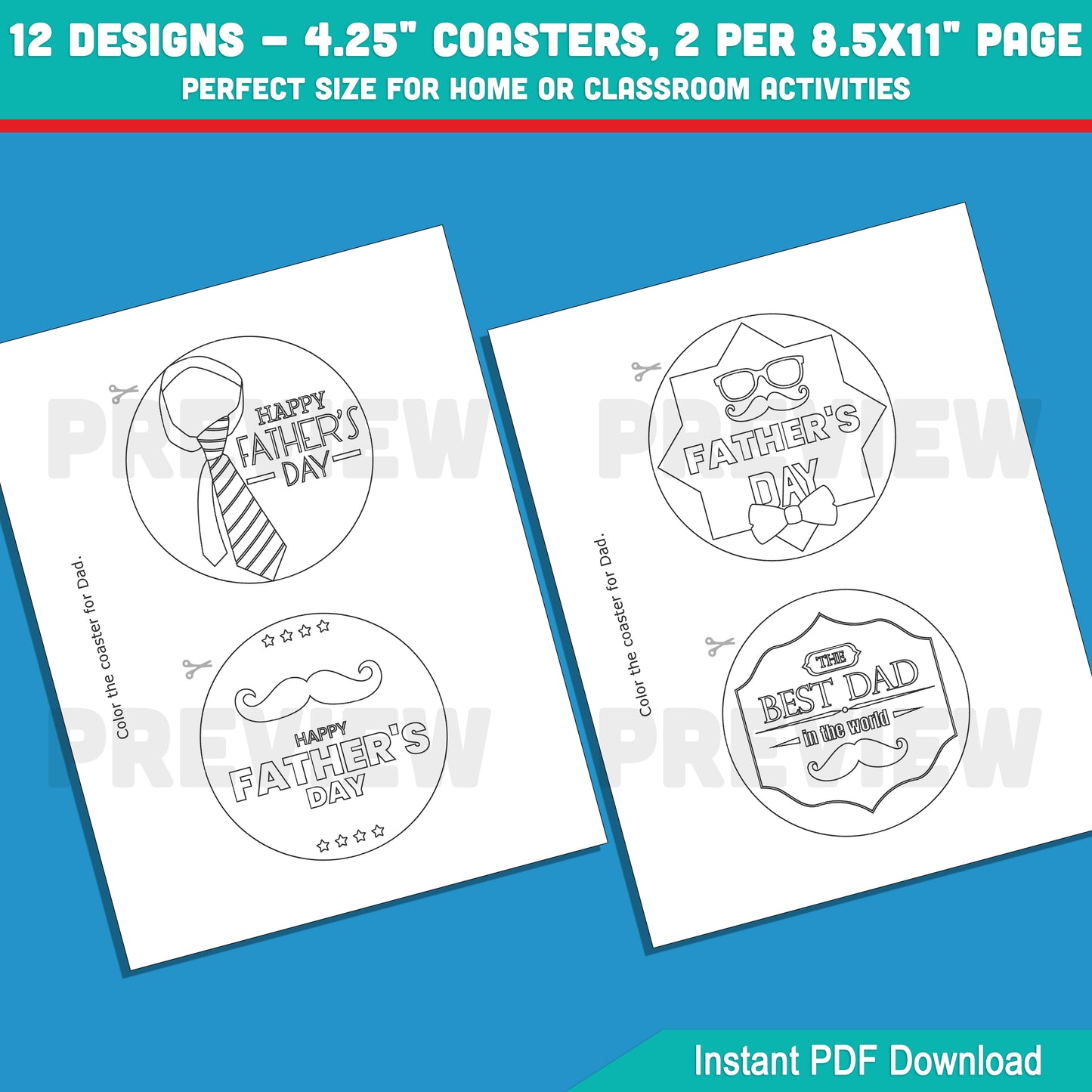 Father’s Day Circle Coasters to Color – 12 Kid-Friendly Designs, Great Printable Gift for Dad, 2 per Page, Fun Home or Classroom Craft