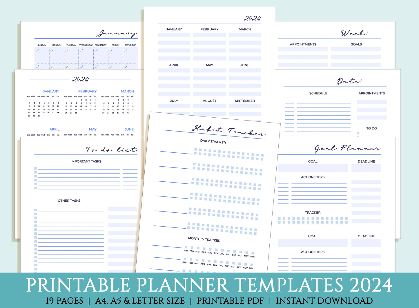 2024 Printable Planner, Minimalist, Daily Weekly Monthly Yearly, A4 A5 Letter Size, Goal Planner, To Do List, Habit Tracker, Planner Inserts