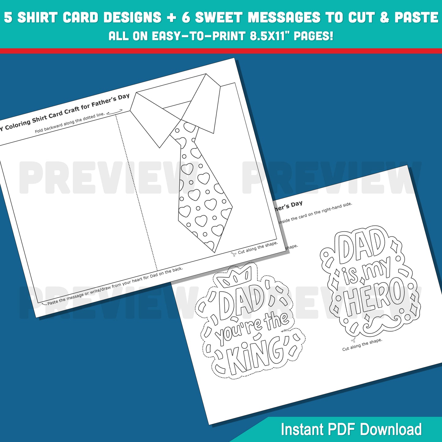 Create a Special Gift for Dad – DIY Father’s Day Shirt Card Coloring Activity with 5 Designs & 6 Messages, Print & Craft Together