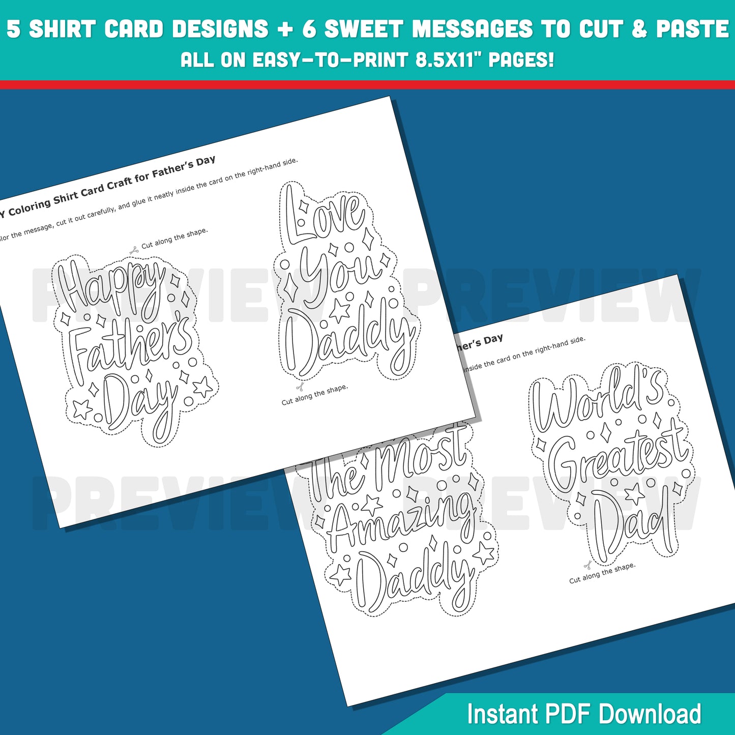 Create a Special Gift for Dad – DIY Father’s Day Shirt Card Coloring Activity with 5 Designs & 6 Messages, Print & Craft Together