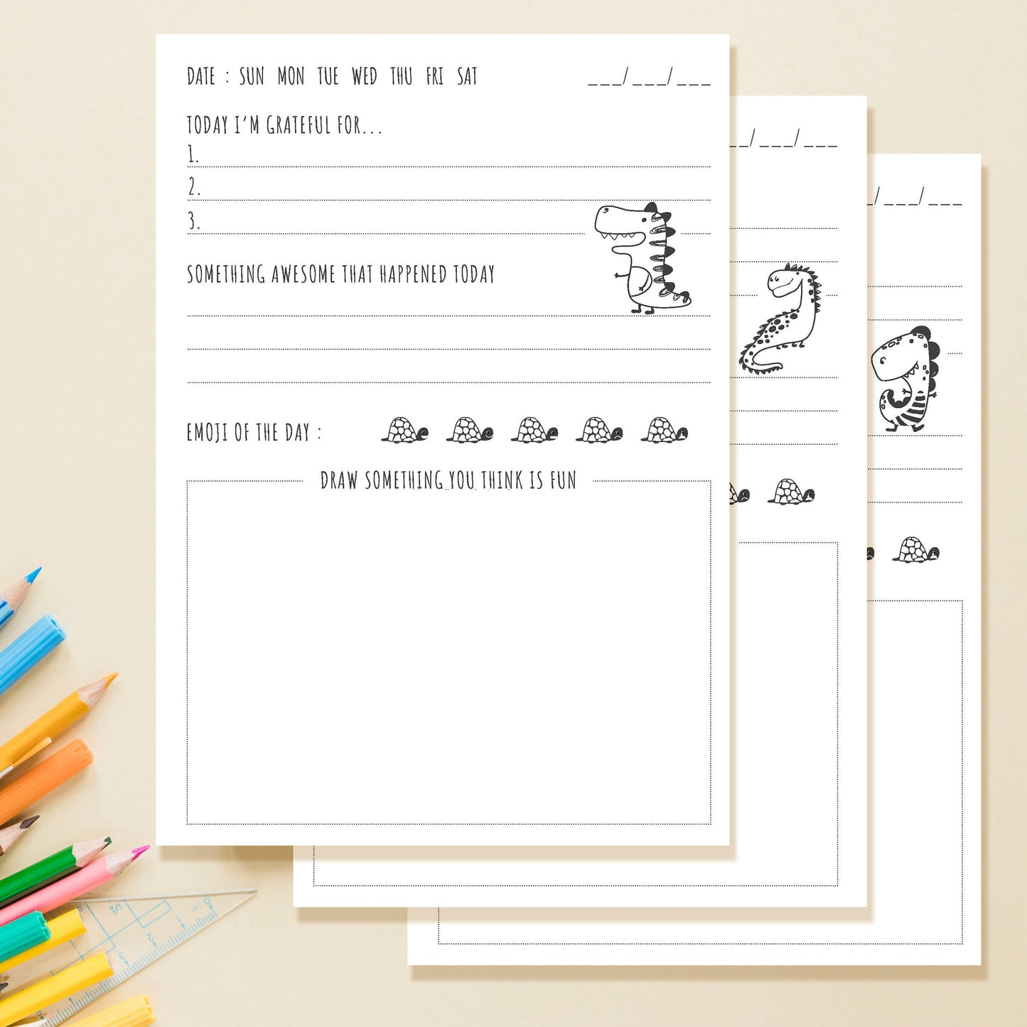 The Dino Gratitude Journal for Kids. Printable PDF in A4, A5, US Trade, US Letter Sizes. 128 Pages, Each page Not the same, Dinosaur Journal