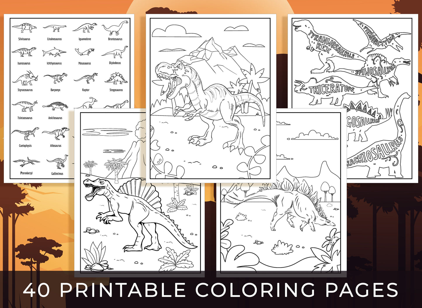 Dinosaur Coloring Pages - 40 Printable Dinosaur Coloring Pages for Boys, Teens & Kids, Dinosaur Birthday Party Activity, Boys Birthday Party