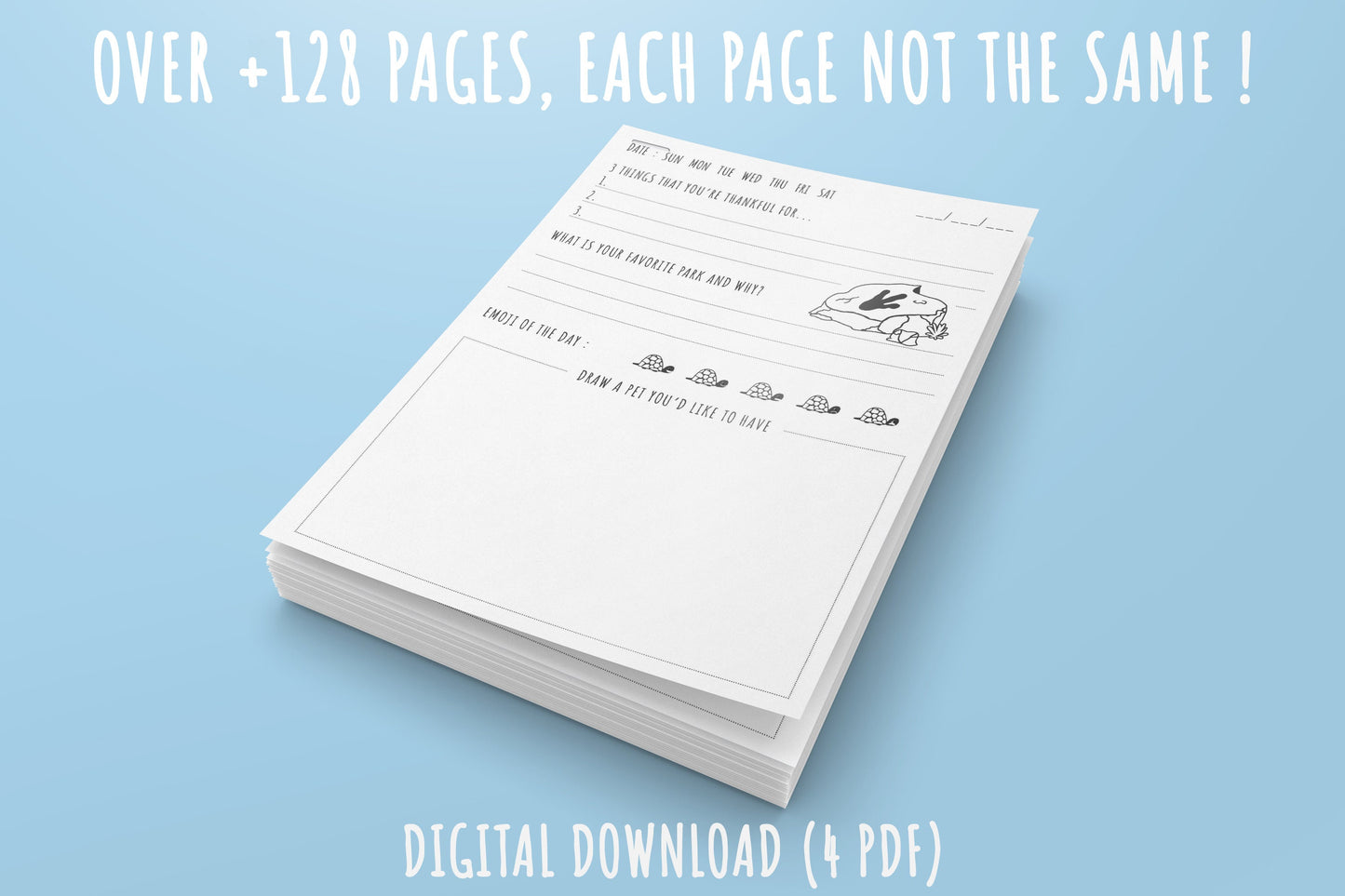 The Dino Gratitude Journal for Kids. Printable PDF in A4, A5, US Trade, US Letter Sizes. 128 Pages, Each page Not the same, Dinosaur Journal