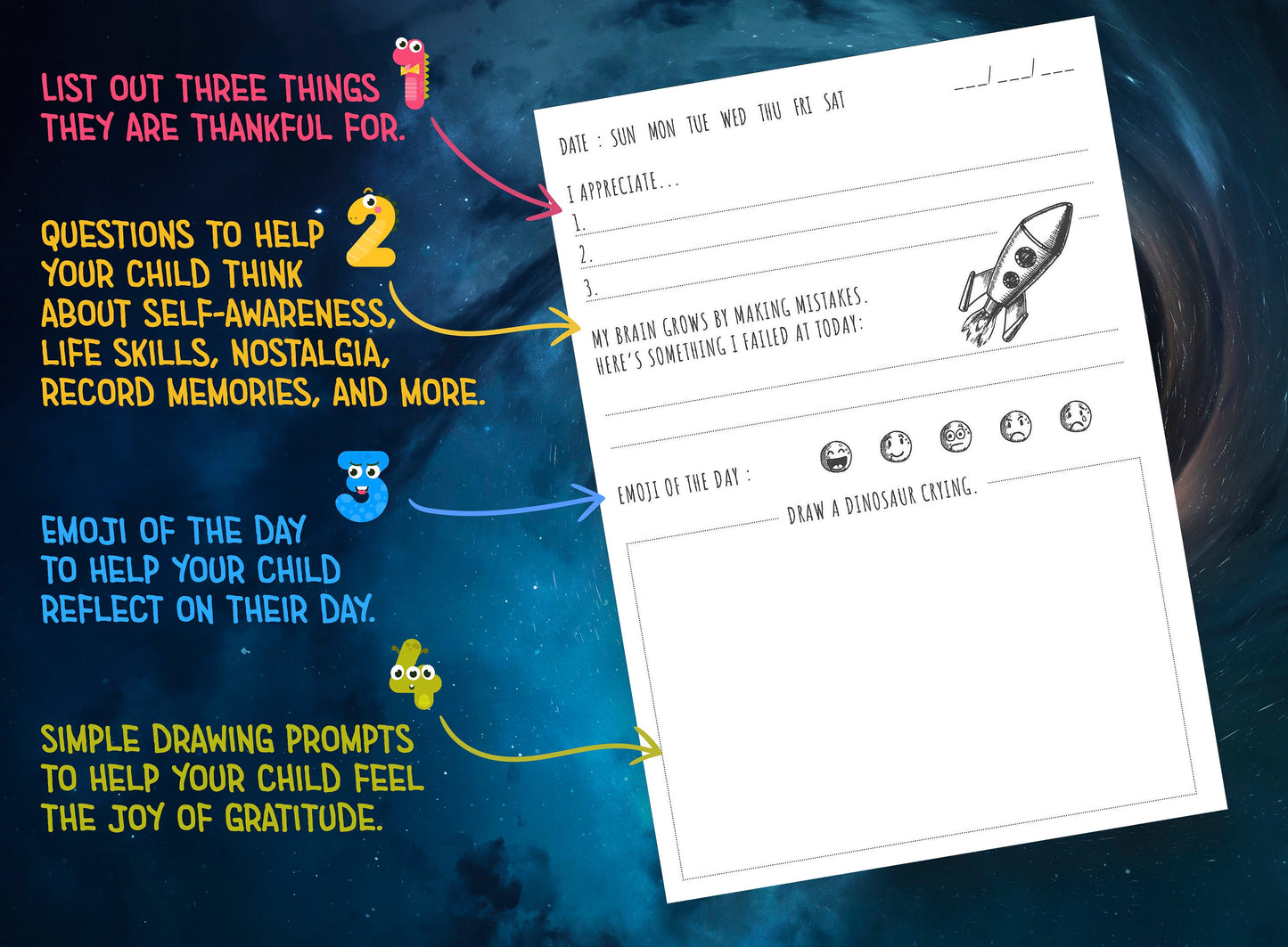 Gratitude Journal for Boys. Printable PDF in A4, A5, US Trade, US Letter Sizes. 128 Pages, Each page Not the same, Instant Download, Space