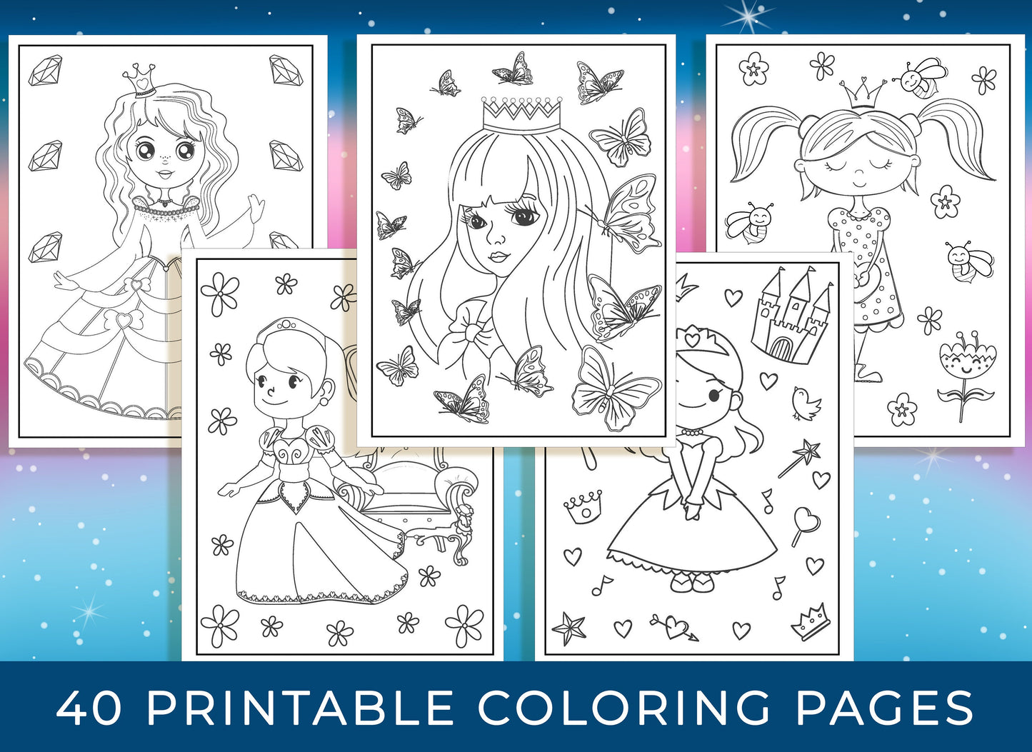 Princess Coloring Pages - 40 Printable Princess Coloring Pages for Girls, Teens, Kids, Princess Birthday Party Activity, Kids Birthday Party