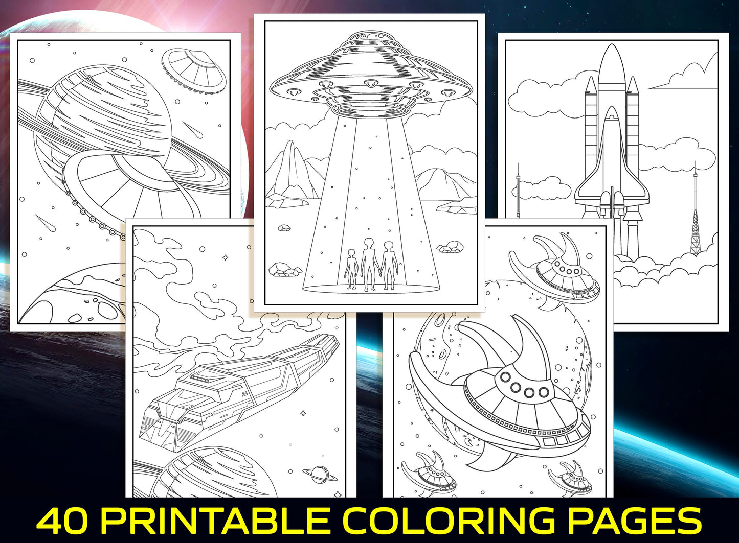 Space Coloring Pages - 40 Printable Space Coloring Pages for Kids, Boys, Girls, Teens. Space Adventures, Galaxy, Astronaut, UFO, Aliens...