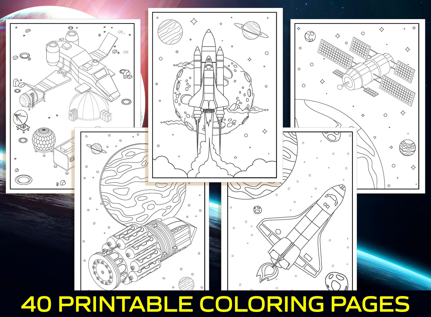 Space Coloring Pages - 40 Printable Space Coloring Pages for Kids, Boys, Girls, Teens. Space Adventures, Galaxy, Astronaut, UFO, Aliens...