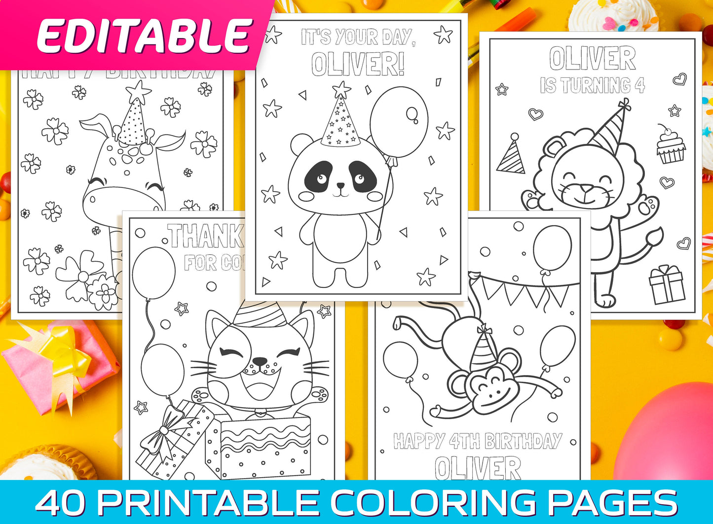 Editable Birthday Coloring Pages - 40 Printable & Editable Birthday Coloring Pages for Kids, Boys, Girls. Free Invitation + Thank You Card.
