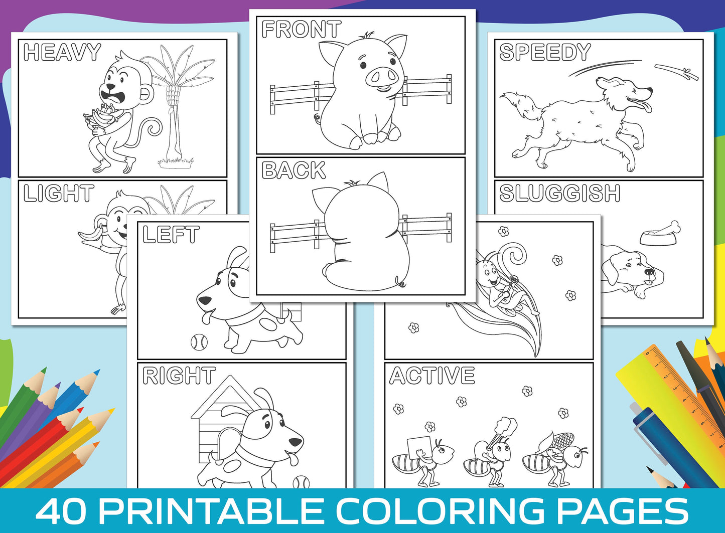 Opposite Coloring Pages, 40 Printable Animal Opposite Coloring Pages for Kids, Boys, Girls. Learning/Matching Opposites, Opposites Activity.