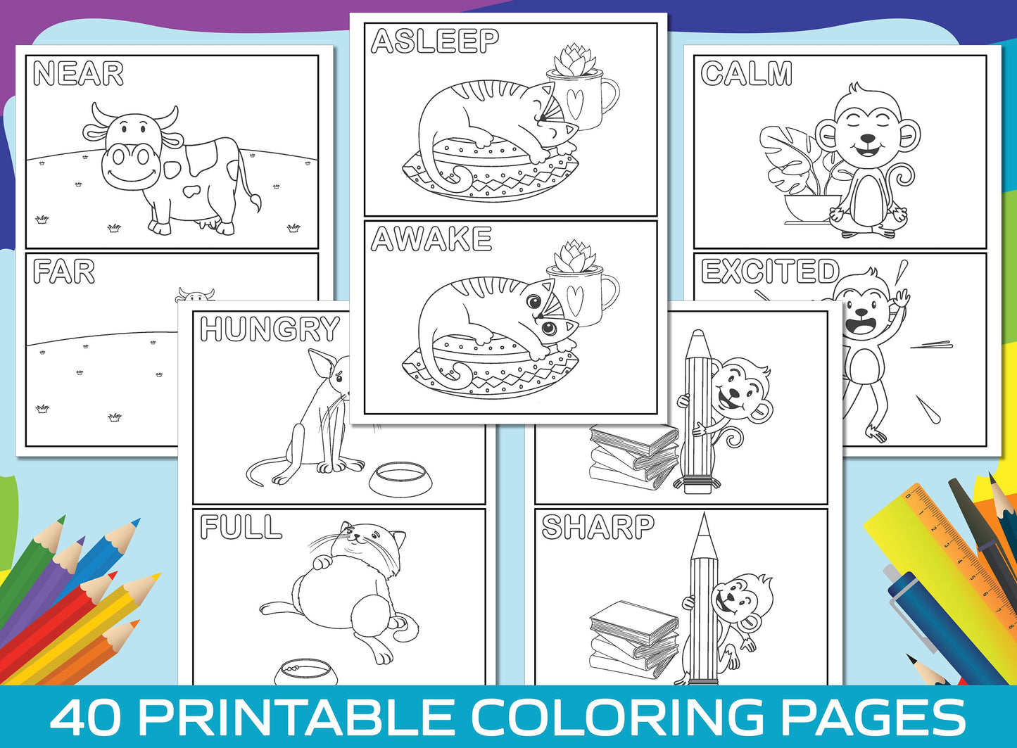 Opposite Coloring Pages, 40 Printable Animal Opposite Coloring Pages for Kids, Boys, Girls. Learning/Matching Opposites, Opposites Activity.