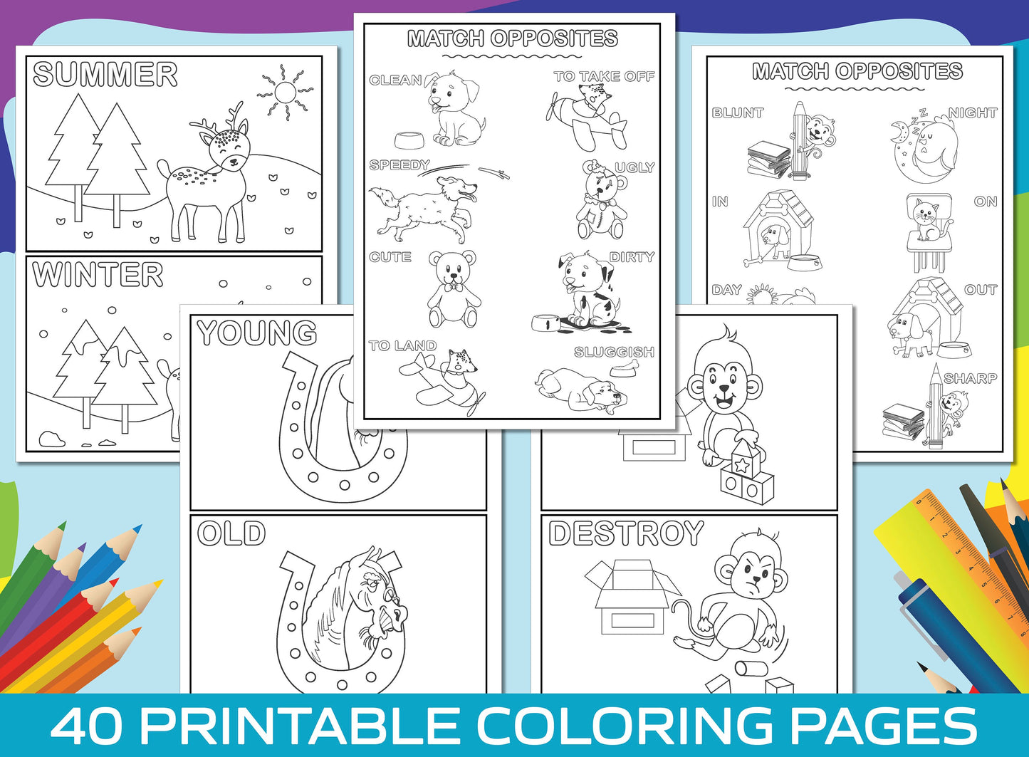 Opposite Coloring Pages, 40 Printable Animal Opposite Coloring Pages for Kids, Boys, Girls. Learning/Matching Opposites, Opposites Activity.