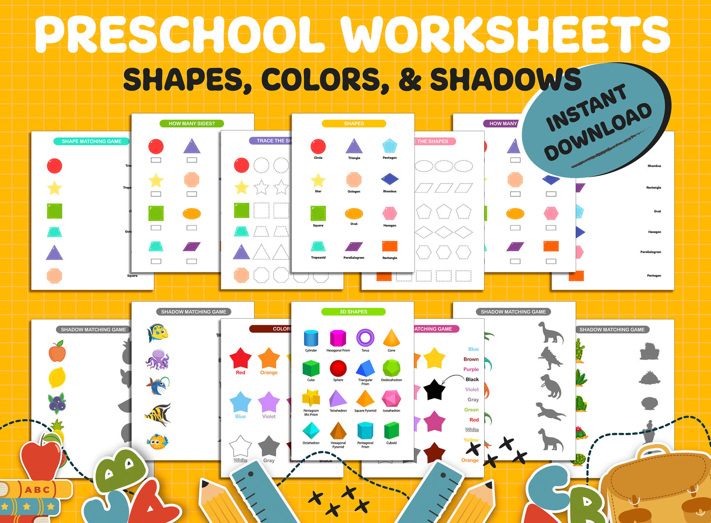 Preschool Worksheets 100+26 Printable Worksheets, Kids Activities, Preschool Learning, Alphabet, Tracing, Numbers, Shapes, Toddler Workbook.