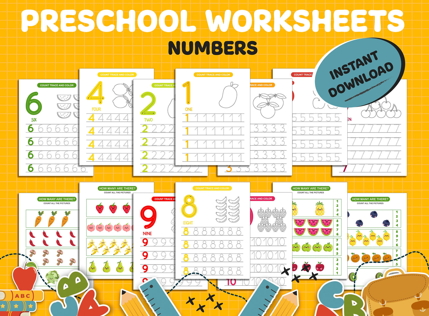 Preschool Worksheets 100+26 Printable Worksheets, Kids Activities, Preschool Learning, Alphabet, Tracing, Numbers, Shapes, Toddler Workbook.