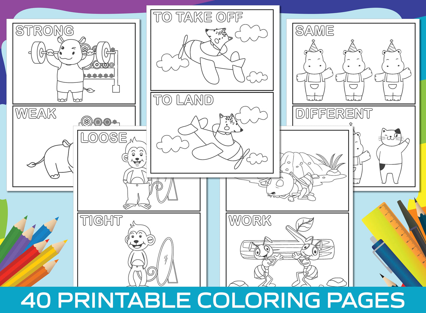 Opposite Coloring Pages, 40 Printable Animal Opposite Coloring Pages for Kids, Boys, Girls. Learning/Matching Opposites, Opposites Activity.