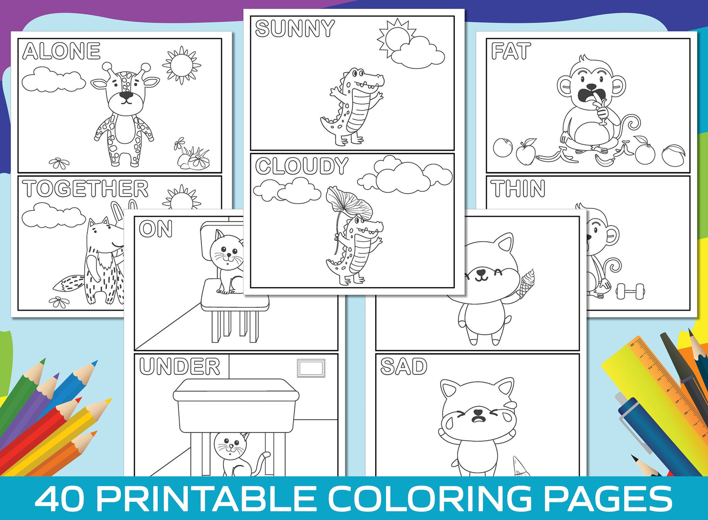 Opposite Coloring Pages, 40 Printable Animal Opposite Coloring Pages for Kids, Boys, Girls. Learning/Matching Opposites, Opposites Activity.