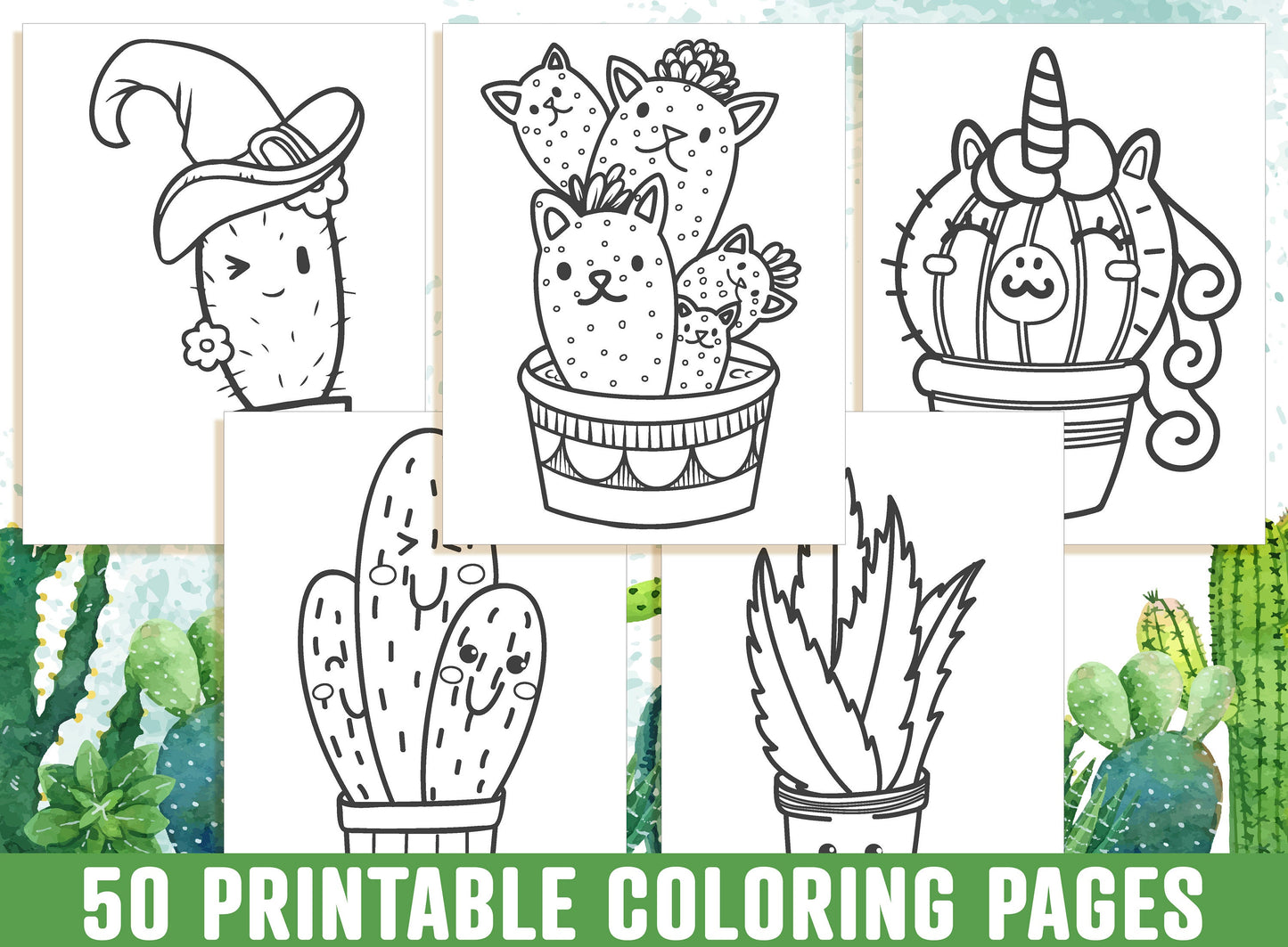 Cactus Coloring Pages - A Cute Coloring Book with 50 Adorable Cactus & Succulents Coloring Pages - A Great Gift for Kids, Boys and Girls.