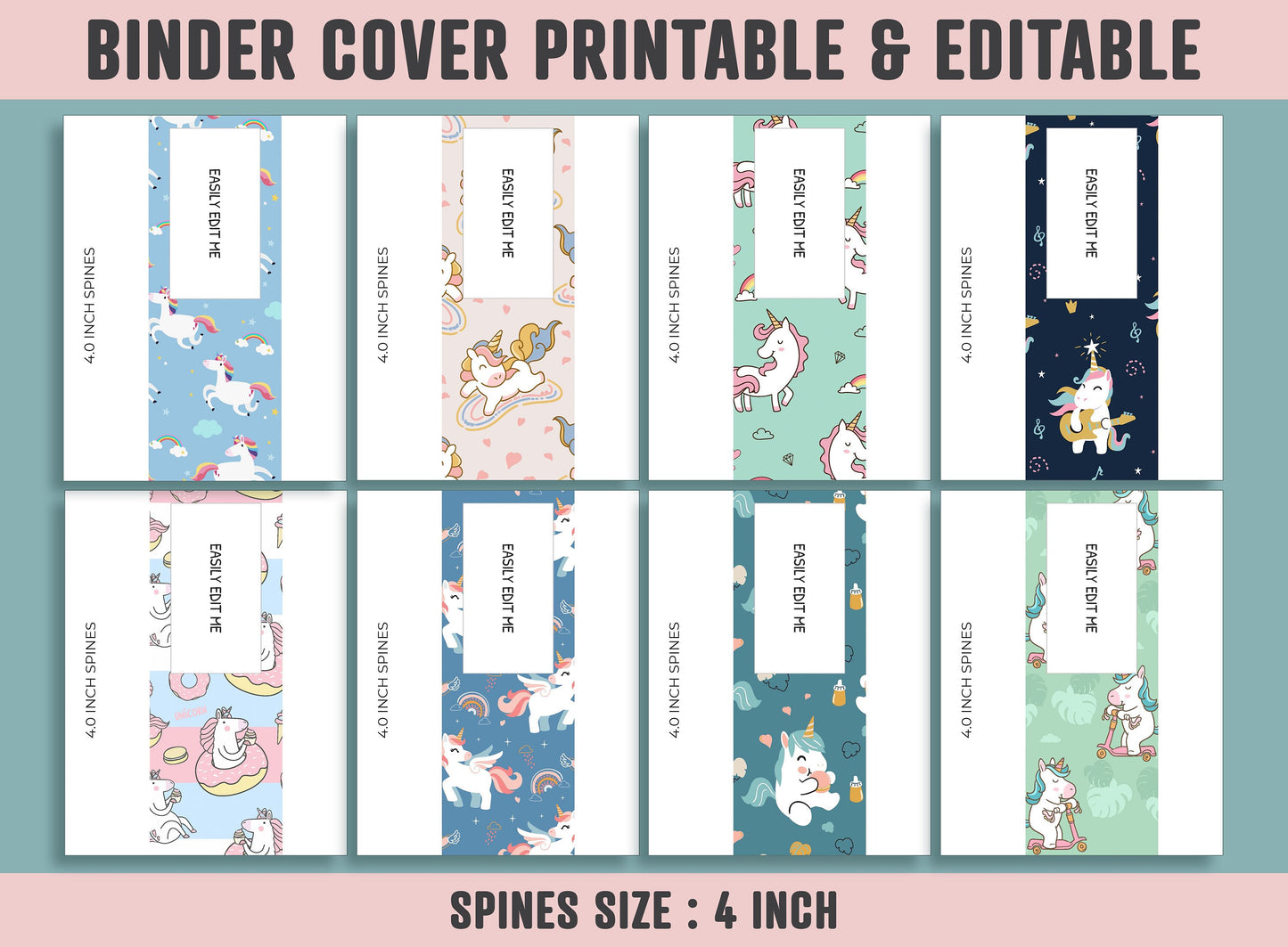 Binder Cover Printable, 10 Covers+Spines, Printable, Editable, Teacher, Kids, School Binder, Planner Cover, One & Two Line Styled, Unicorn