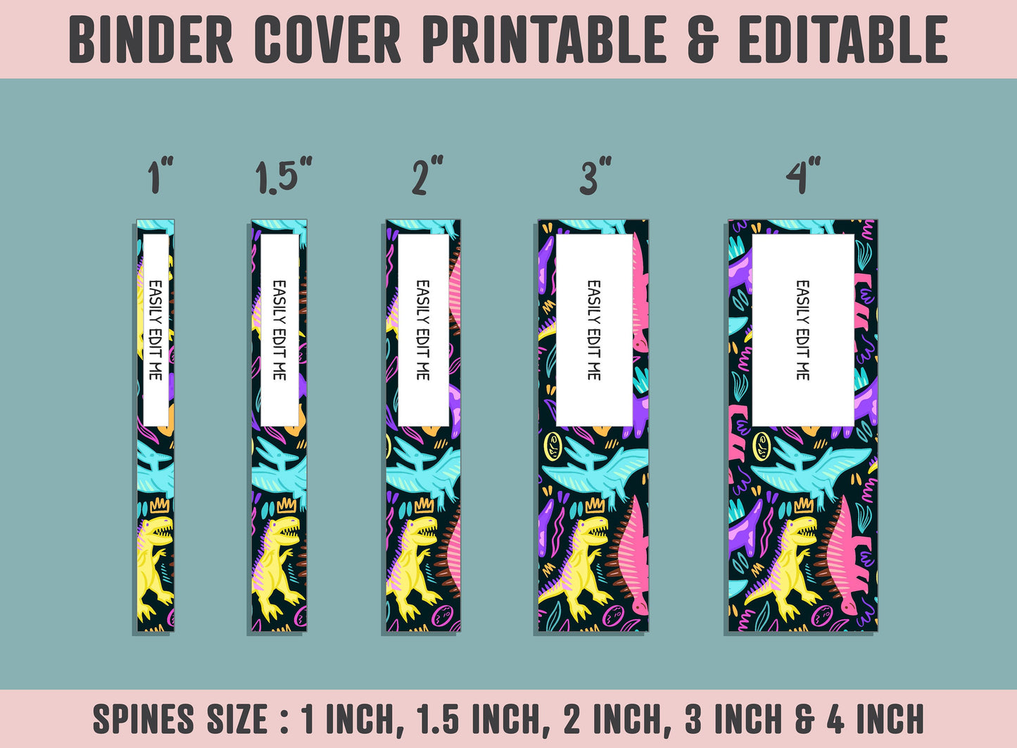 Binder Cover Printable, 10 Covers+Spines, Printable, Editable, Teacher, Kids, School Binder, Planner Cover, One & Two Line Styled, Dinosaur