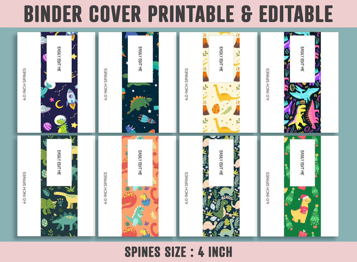 Binder Cover Printable, 10 Covers+Spines, Printable, Editable, Teacher, Kids, School Binder, Planner Cover, One & Two Line Styled, Dinosaur
