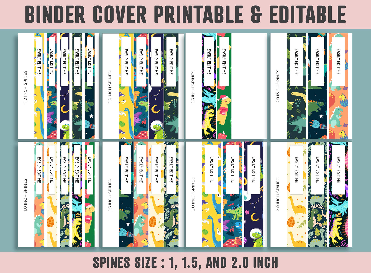 Binder Cover Printable, 10 Covers+Spines, Printable, Editable, Teacher, Kids, School Binder, Planner Cover, One & Two Line Styled, Dinosaur