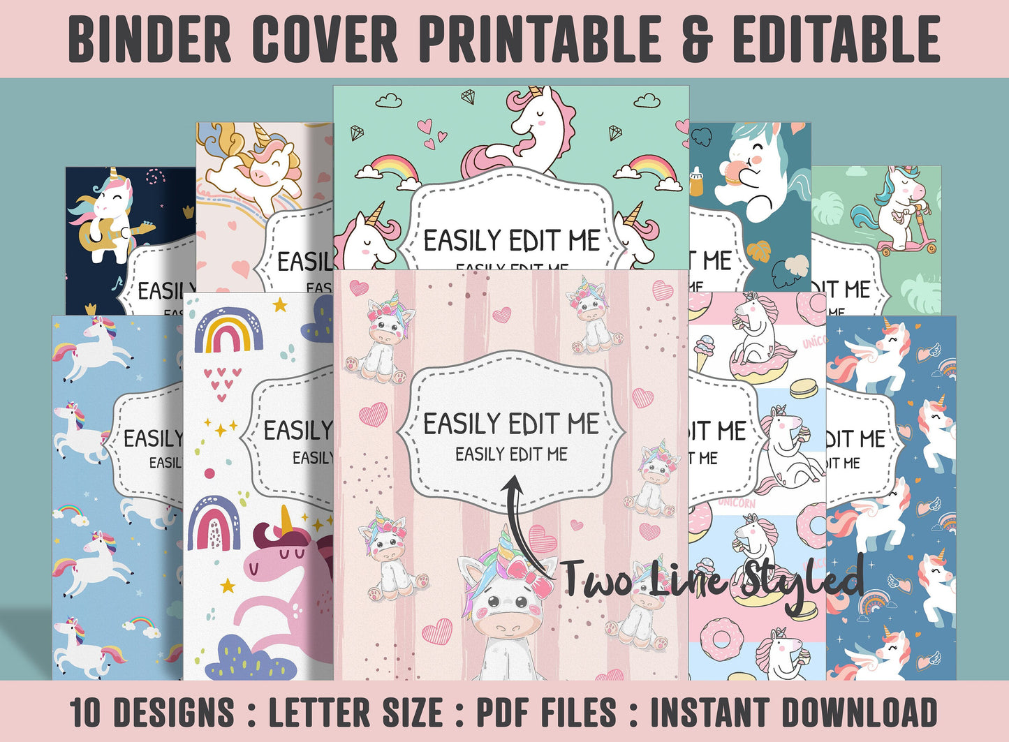 Binder Cover Printable, 10 Covers+Spines, Printable, Editable, Teacher, Kids, School Binder, Planner Cover, One & Two Line Styled, Unicorn