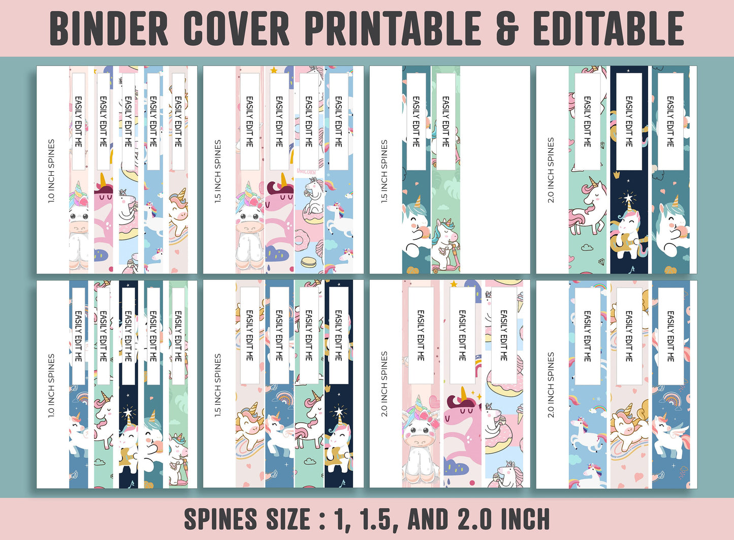 Binder Cover Printable, 10 Covers+Spines, Printable, Editable, Teacher, Kids, School Binder, Planner Cover, One & Two Line Styled, Unicorn