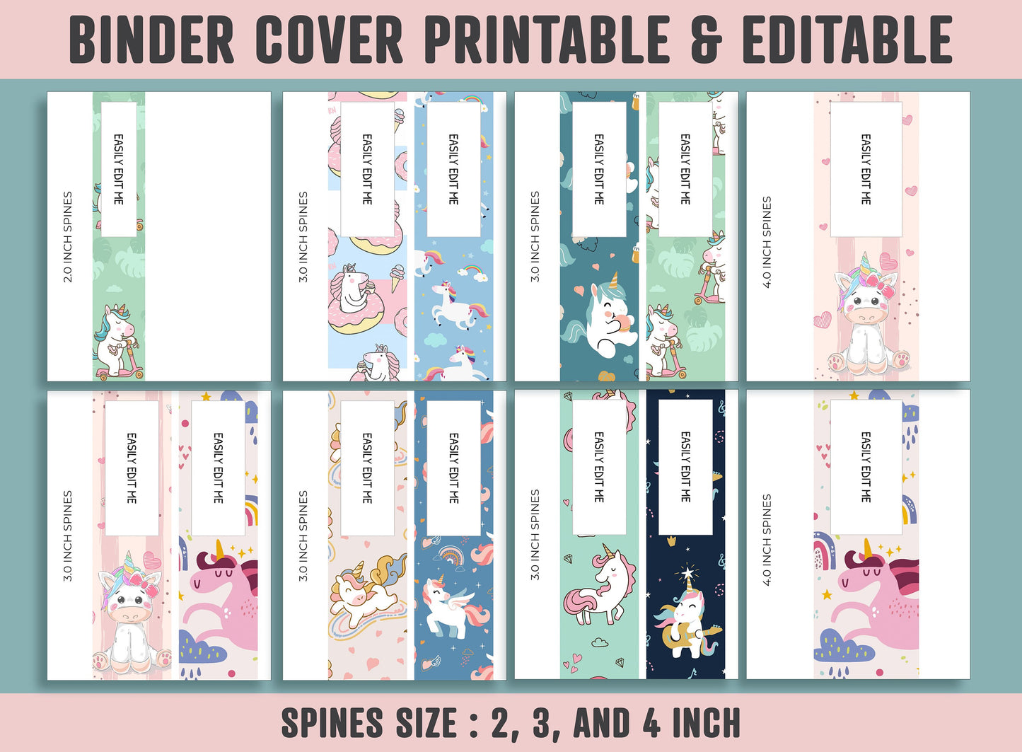 Binder Cover Printable, 10 Covers+Spines, Printable, Editable, Teacher, Kids, School Binder, Planner Cover, One & Two Line Styled, Unicorn
