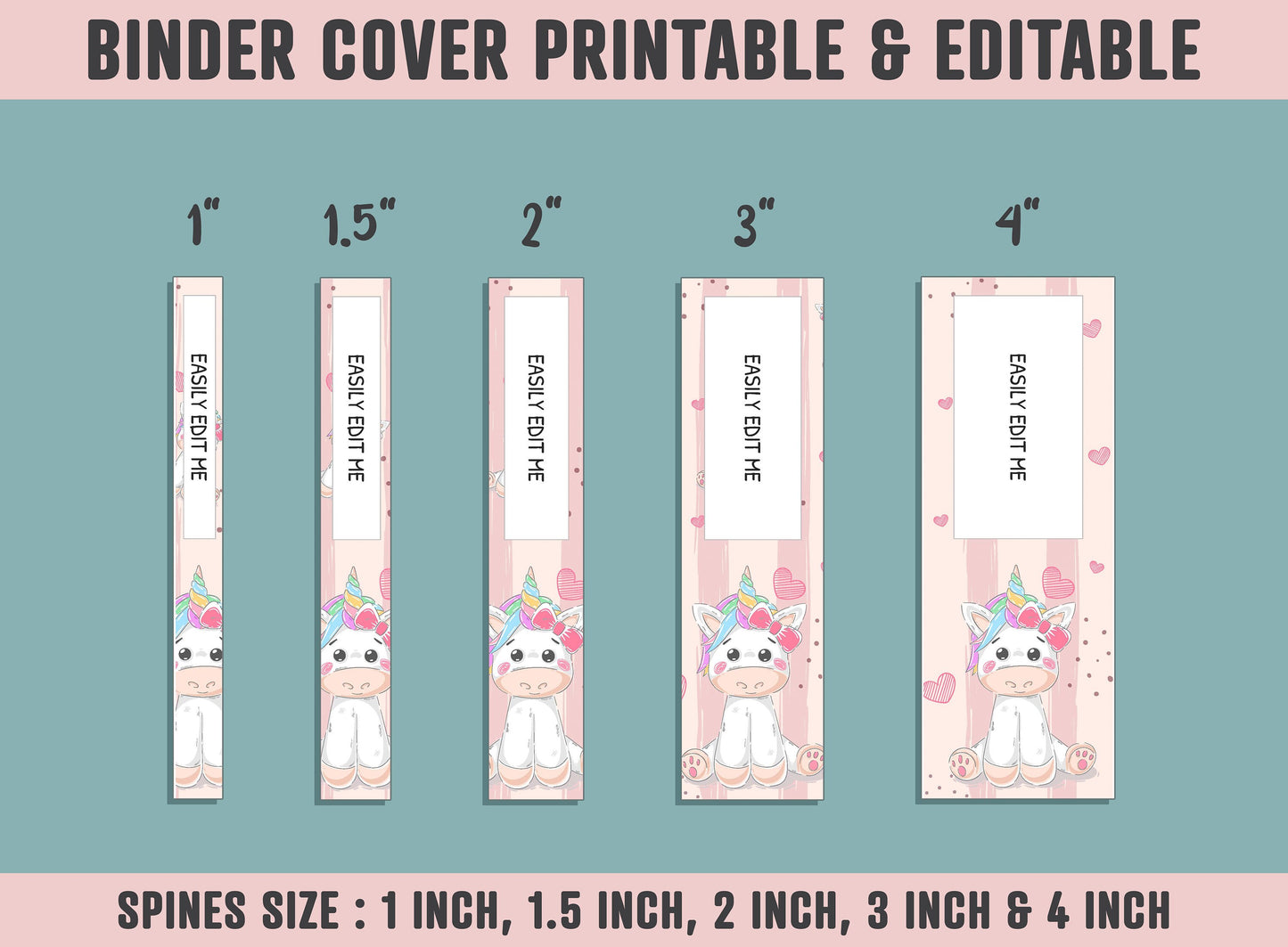 Binder Cover Printable, 10 Covers+Spines, Printable, Editable, Teacher, Kids, School Binder, Planner Cover, One & Two Line Styled, Unicorn