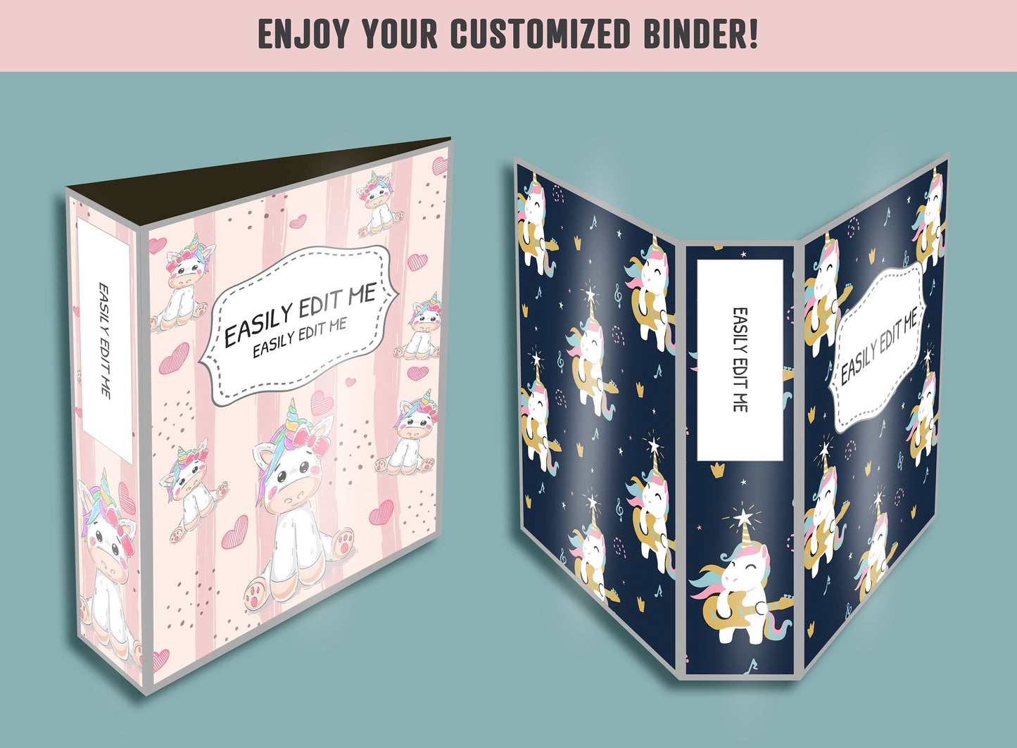 Binder Cover Printable, 10 Covers+Spines, Printable, Editable, Teacher, Kids, School Binder, Planner Cover, One & Two Line Styled, Unicorn