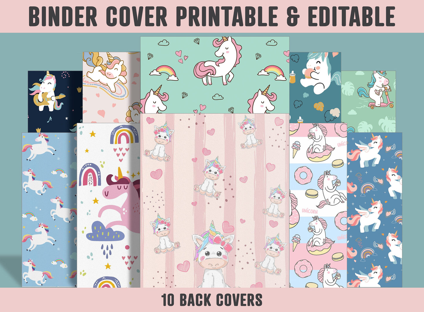 Binder Cover Printable, 10 Covers+Spines, Printable, Editable, Teacher, Kids, School Binder, Planner Cover, One & Two Line Styled, Unicorn