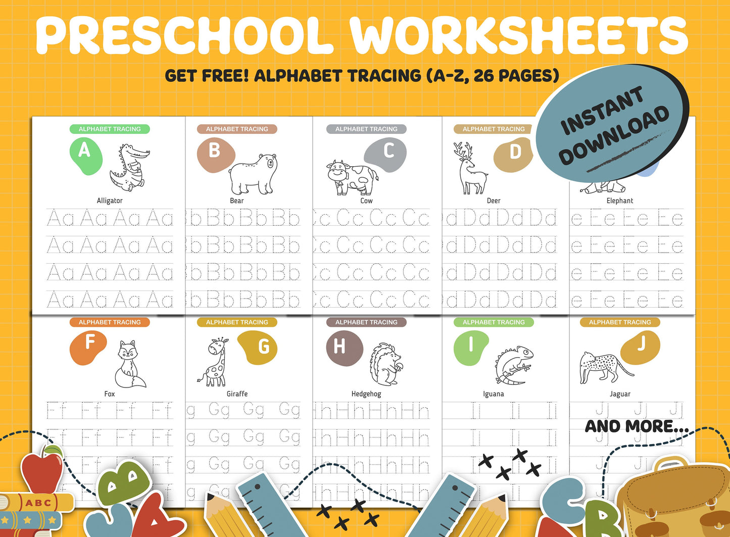 Preschool Worksheets 100+26 Printable Worksheets, Kids Activities, Preschool Learning, Alphabet, Tracing, Numbers, Shapes, Toddler Workbook.