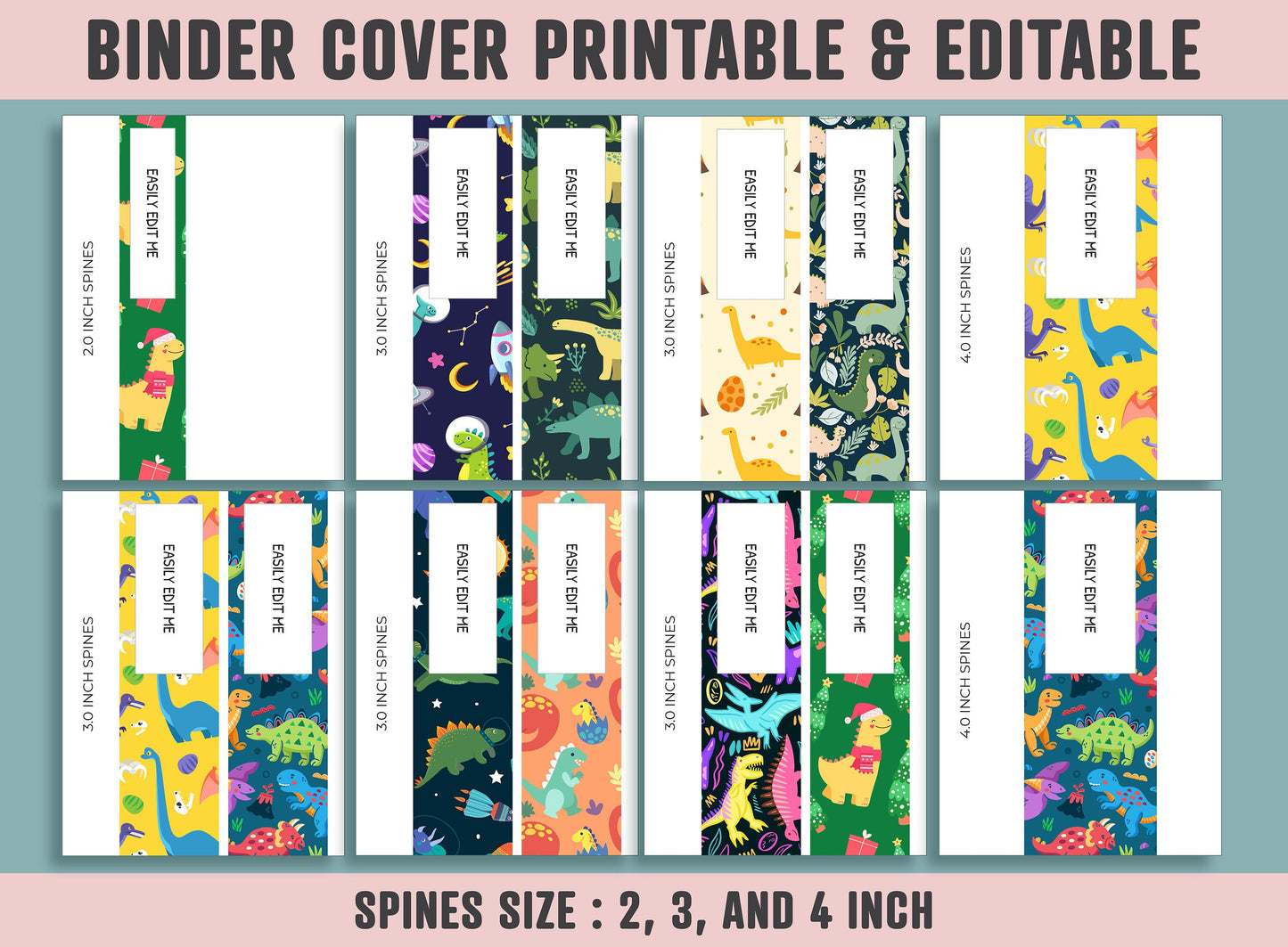 Binder Cover Printable, 10 Covers+Spines, Printable, Editable, Teacher, Kids, School Binder, Planner Cover, One & Two Line Styled, Dinosaur