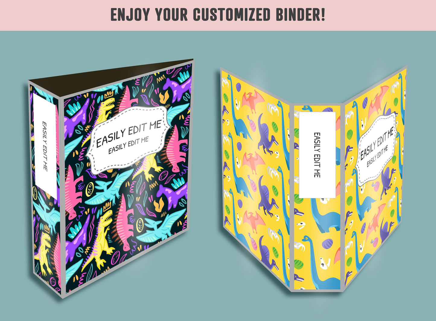 Binder Cover Printable, 10 Covers+Spines, Printable, Editable, Teacher, Kids, School Binder, Planner Cover, One & Two Line Styled, Dinosaur