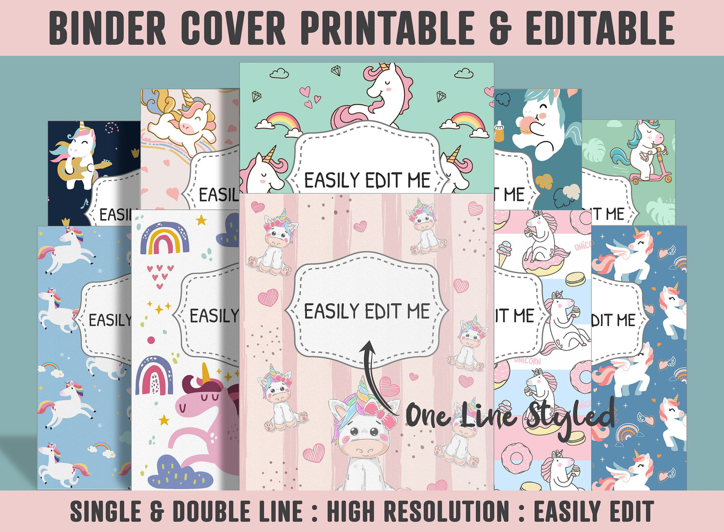 Binder Cover Printable, 10 Covers+Spines, Printable, Editable, Teacher, Kids, School Binder, Planner Cover, One & Two Line Styled, Unicorn