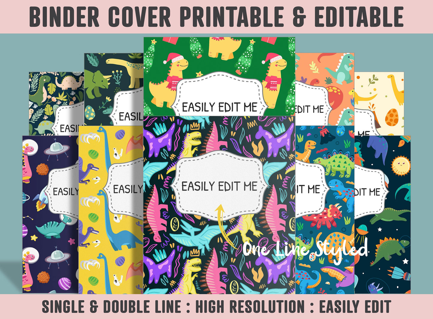 Binder Cover Printable, 10 Covers+Spines, Printable, Editable, Teacher, Kids, School Binder, Planner Cover, One & Two Line Styled, Dinosaur