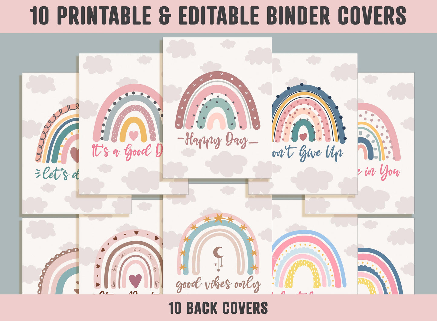 Binder Cover Printable, 10 Covers+Spines, Printable, Editable, Teacher, Kids, School Binder, Planner Cover, Binder Cover Insert : Rainbow