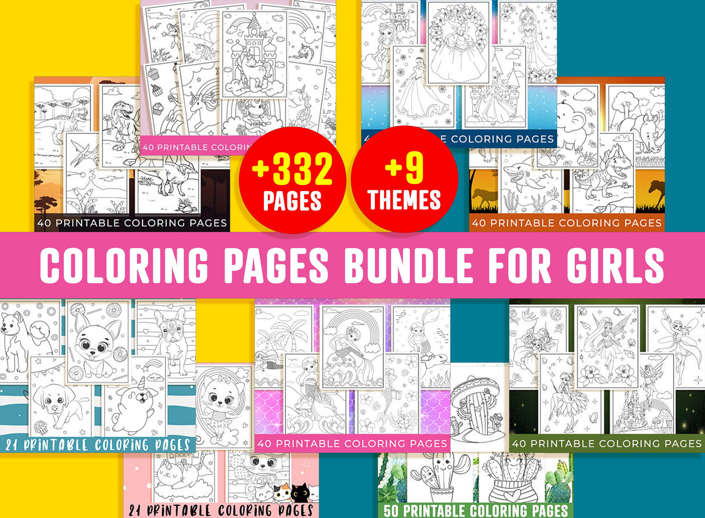 Coloring Pages Bundle For Girls, Over 9 Themes, 332 Printable Coloring Pages for Kids, Girls, Save Big - Instant Download.