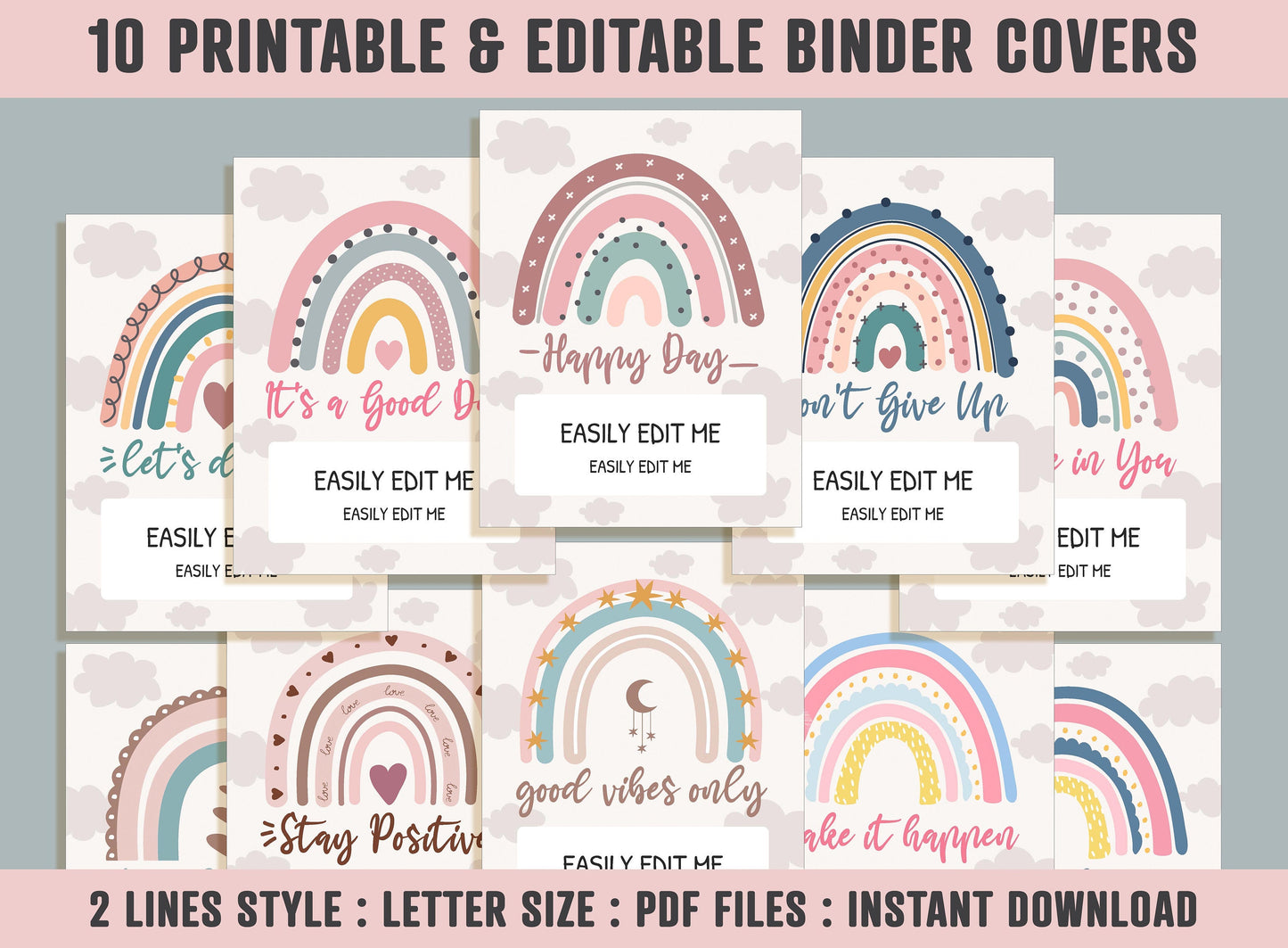 Binder Cover Printable, 10 Covers+Spines, Printable, Editable, Teacher, Kids, School Binder, Planner Cover, Binder Cover Insert : Rainbow
