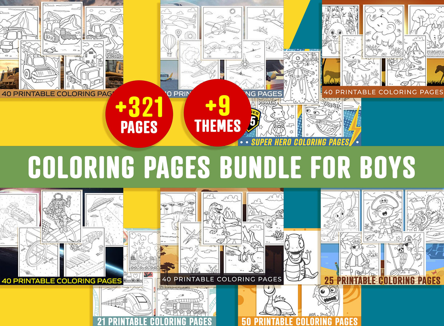 Coloring Pages Bundle For Boys, Over 9 Themes, 321 Printable Coloring Pages for Kids, Boys, Save Big - Instant Download.