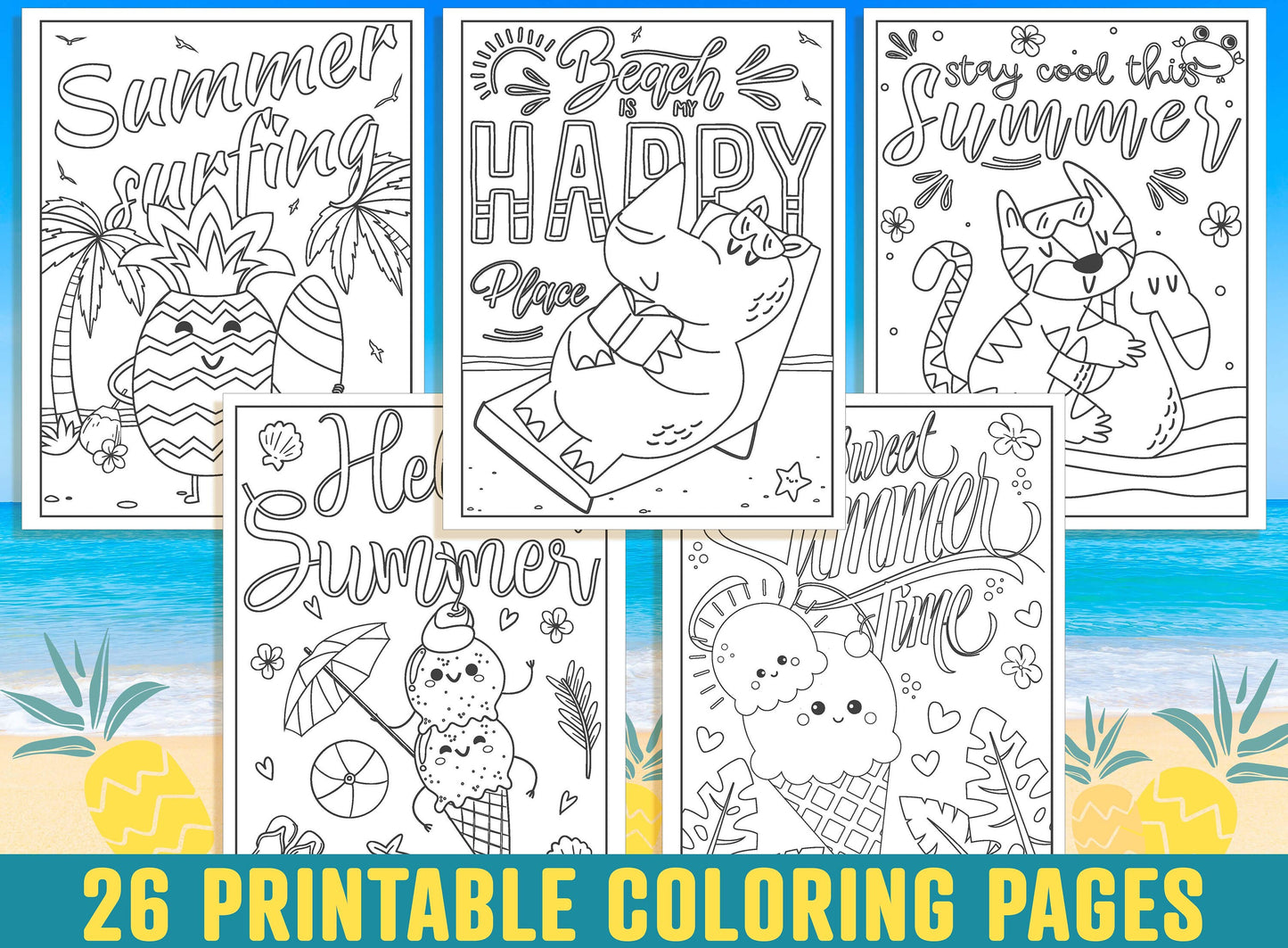 Summer Coloring Pages, 26 Printable Summer Holiday Coloring Pages for Kids, Boys, Girls, Teens, Adults, Summer Activities, Fun Coloring Book