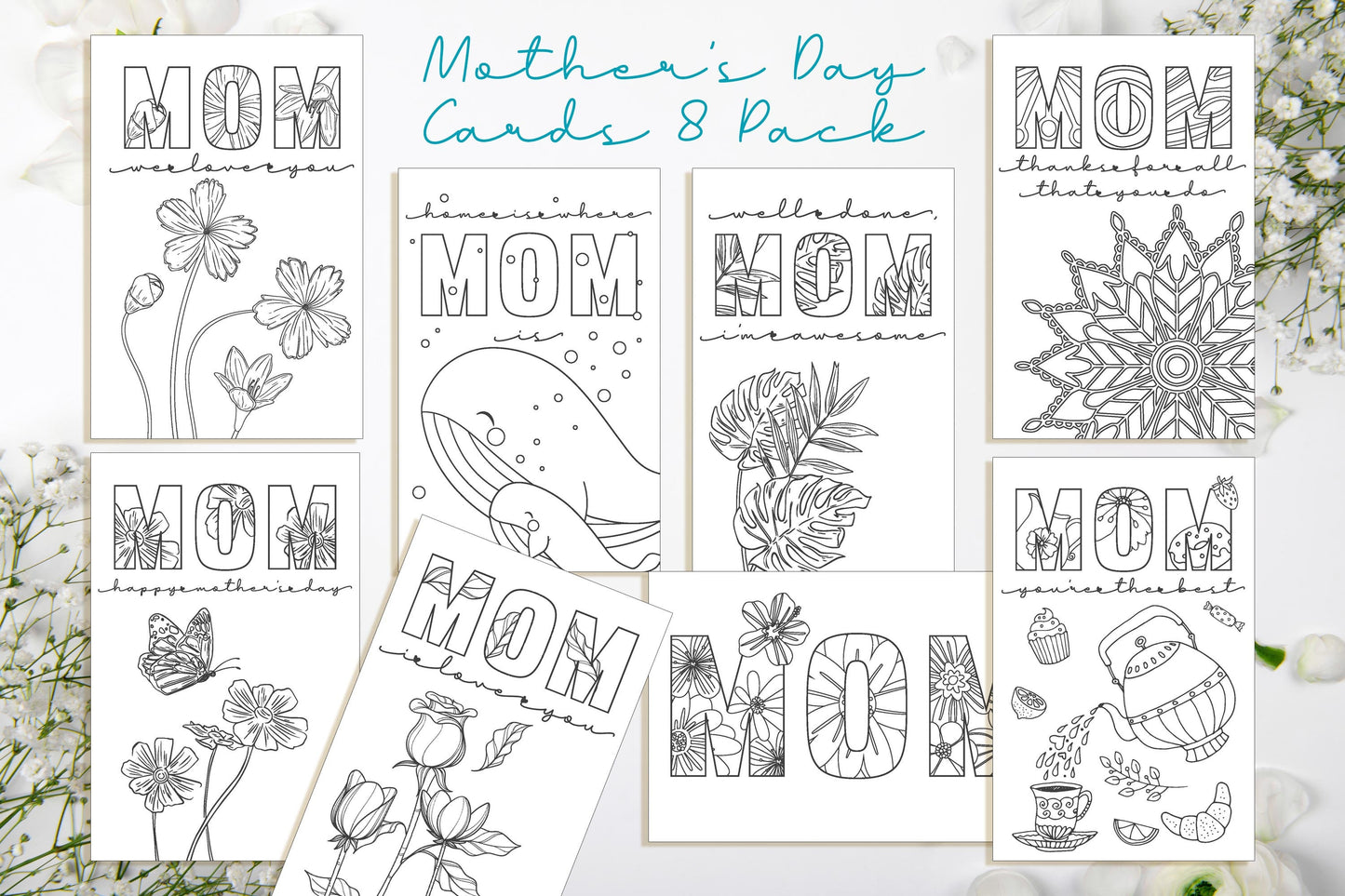 Mother's Day Coloring Cards, Printable Card For Mom, Mothers Day Gift, Digital Greeting Card, Birthday Card, Coloring Page, Instant Download