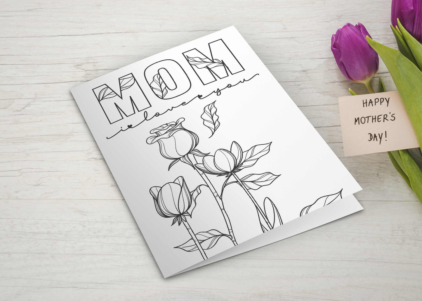 Mother's Day Coloring Cards, Printable Card For Mom, Mothers Day Gift, Digital Greeting Card, Birthday Card, Coloring Page, Instant Download