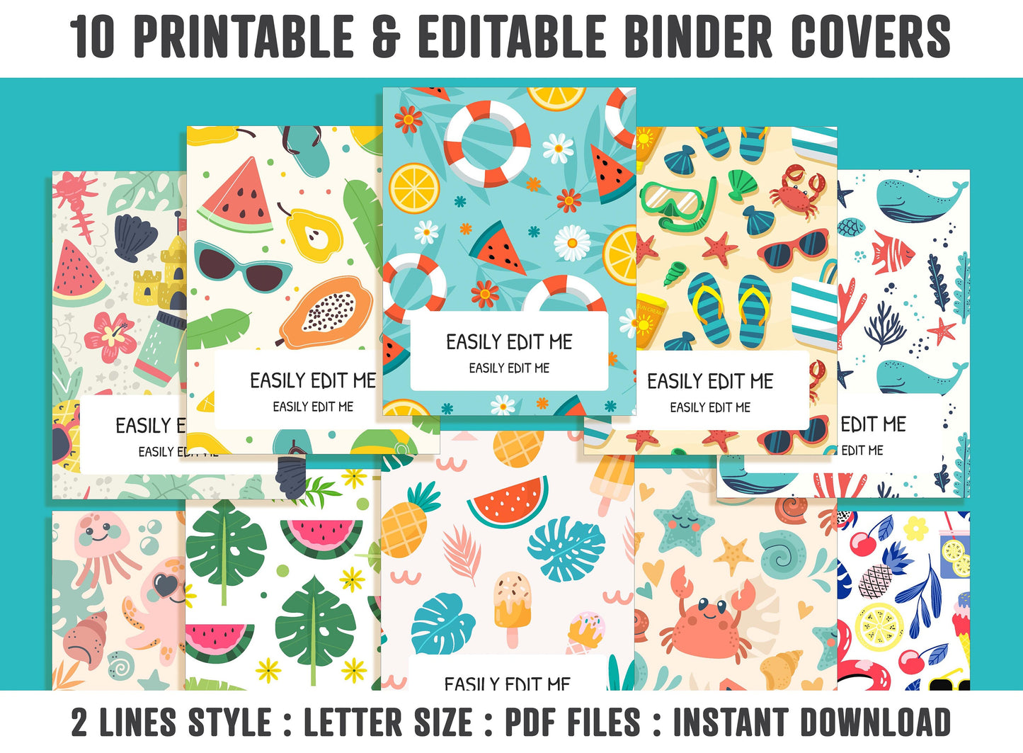 Binder Cover Template, 10 Printable/Editable Binder Covers+Spines, Planner Insert, Teacher/School/Nursing/Personalized Binder Cover: Summer
