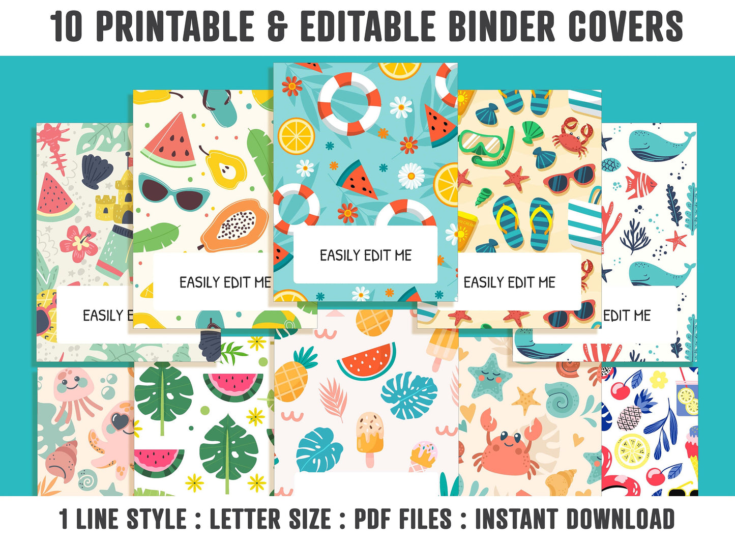 Binder Cover Template, 10 Printable/Editable Binder Covers+Spines, Planner Insert, Teacher/School/Nursing/Personalized Binder Cover: Summer