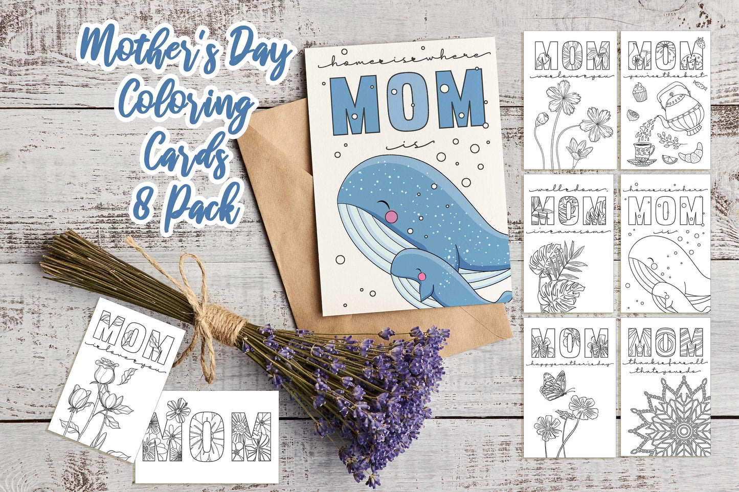 Mother's Day Coloring Cards, Printable Card For Mom, Mothers Day Gift, Digital Greeting Card, Birthday Card, Coloring Page, Instant Download