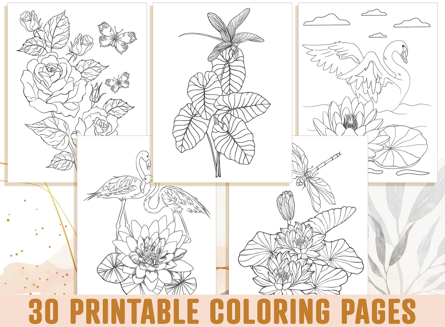 Adult Coloring Pages, 30 Printable Adult Coloring Pages, Botanical Floral Sketches Drawings, Birds and Flowers, Bee & Butterfly Garden, PDF